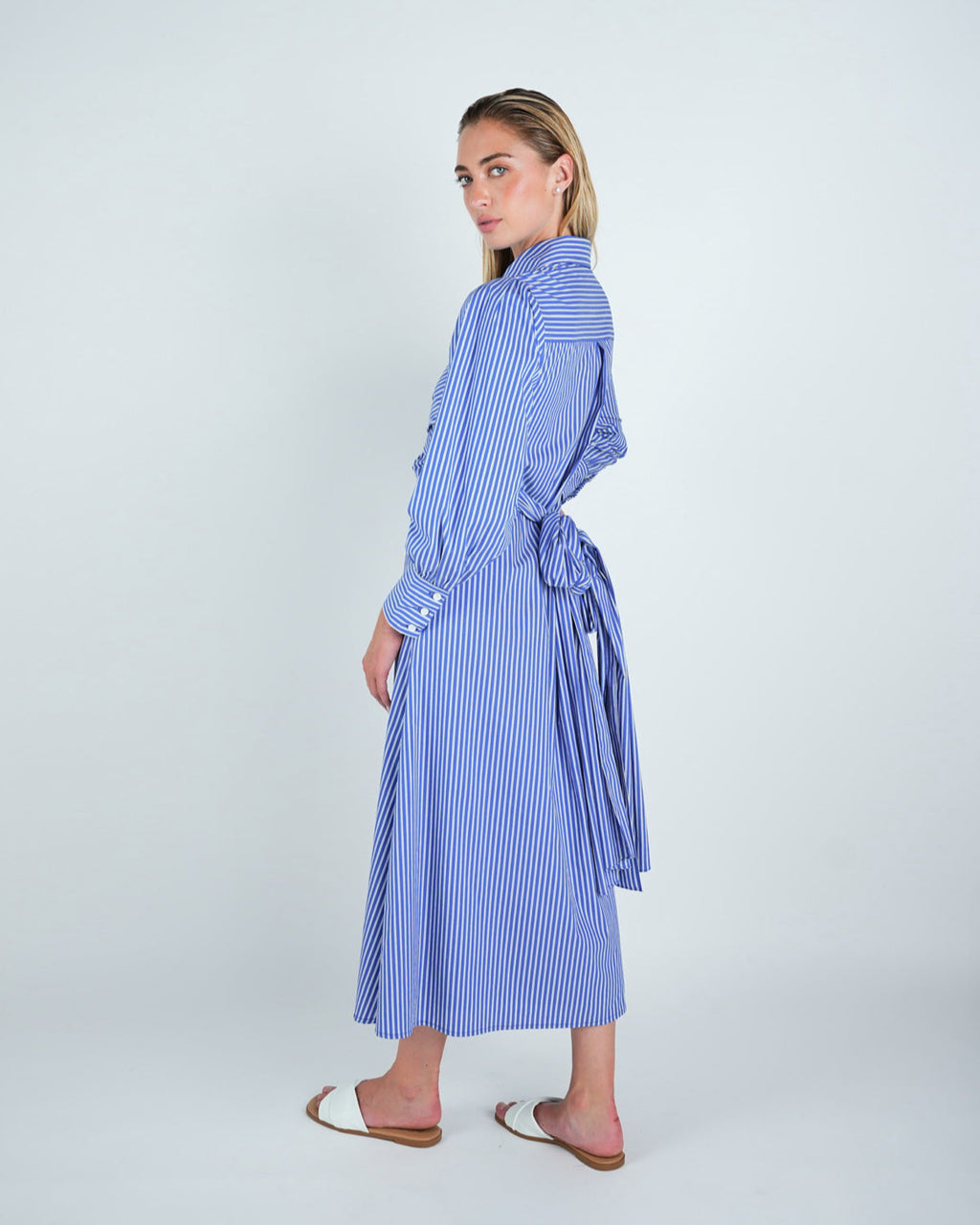 Cotton Stripped Criss-Cross Midi Shirt Dress