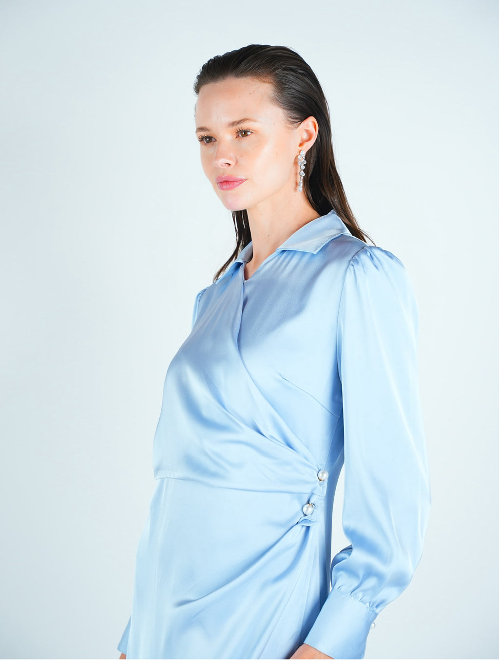 Satin Wrap Pearl Detail Maxi Dress