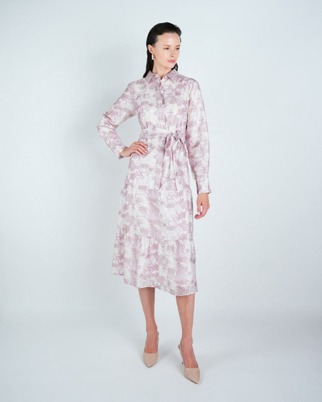 Abstract Belted Tiered Shirt Dress