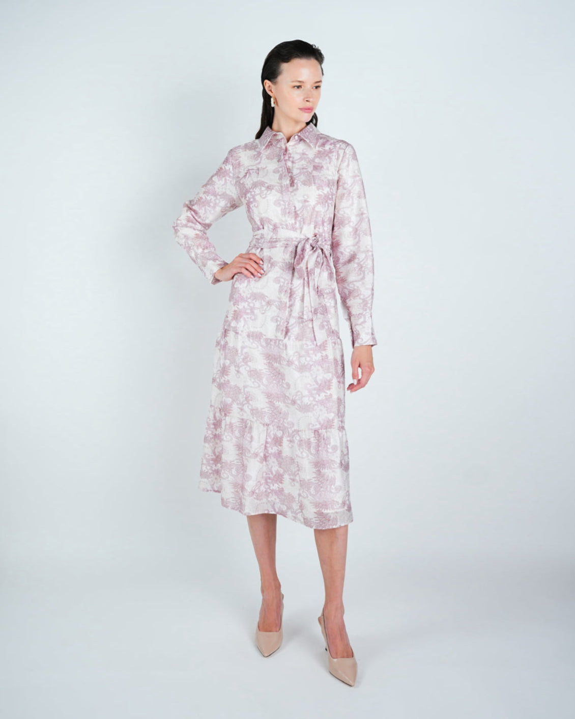 Abstract Belted Tiered Shirt Dress