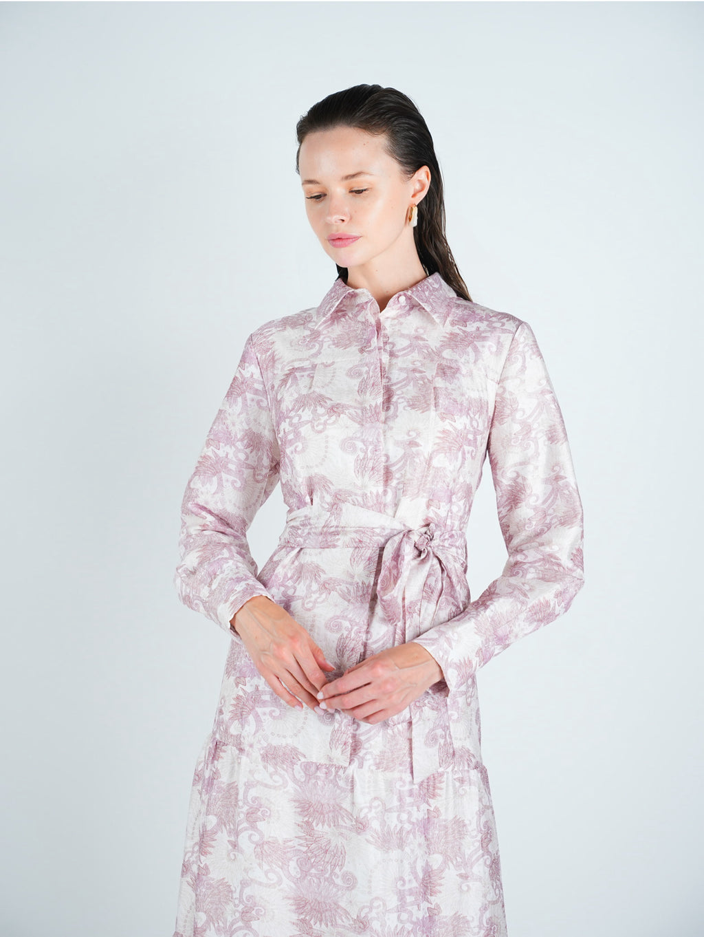 Abstract Belted Tiered Shirt Dress