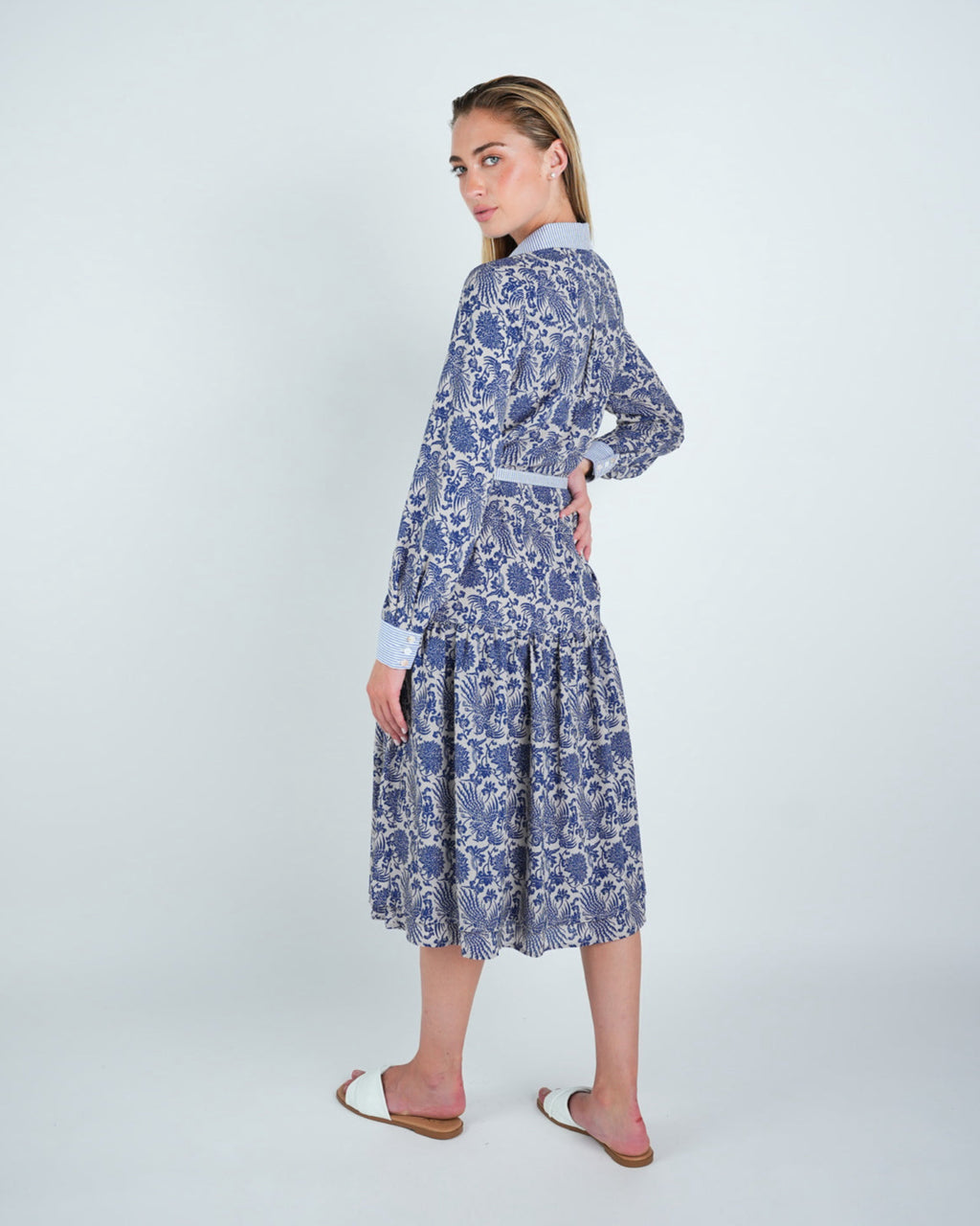 Chiffon Abstract Belted Tiered Shirt Dress