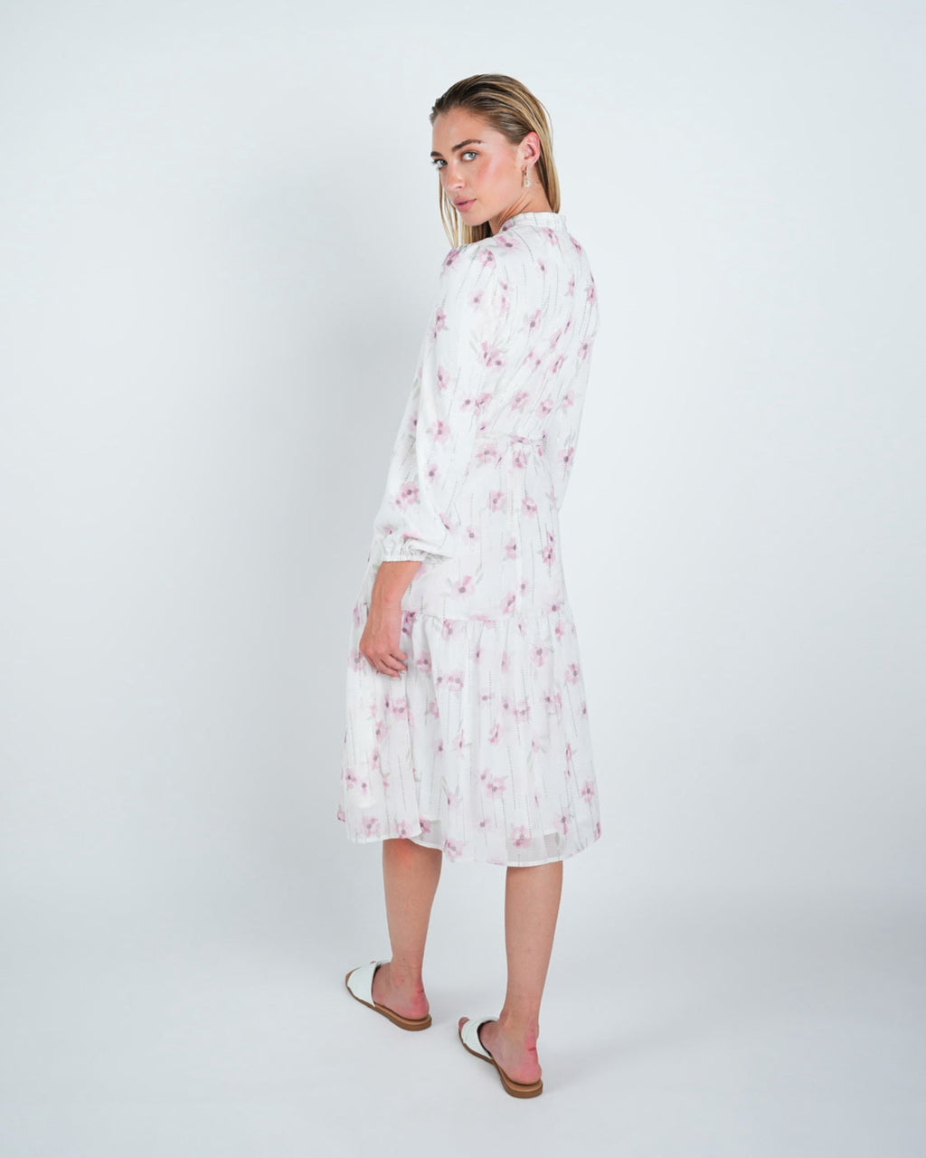 Chiffon Floral Lurex Detail Midi Dress